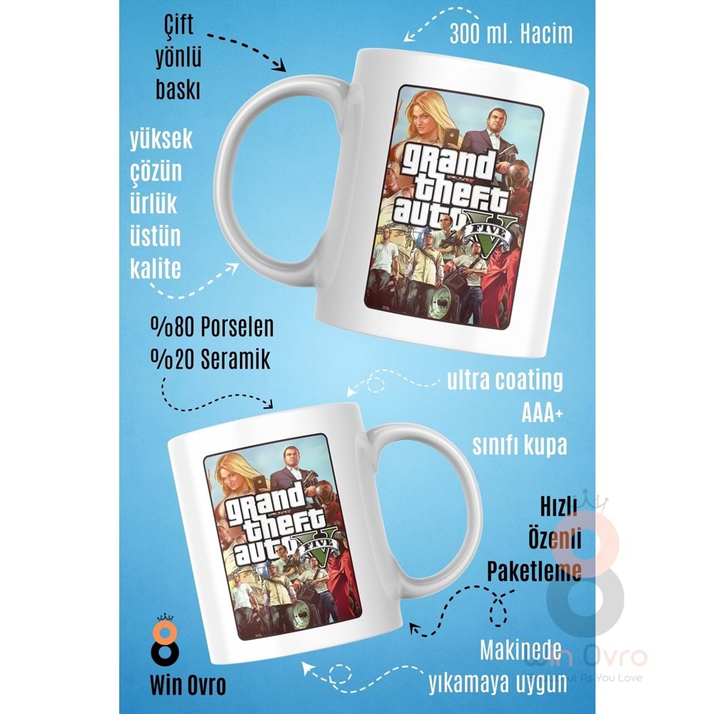 Win Ovro Premium Beyaz Porselen Hediye Çift Yön Baskılı Kupa Bardak - Grand Theft Auto Five V 5 - 01