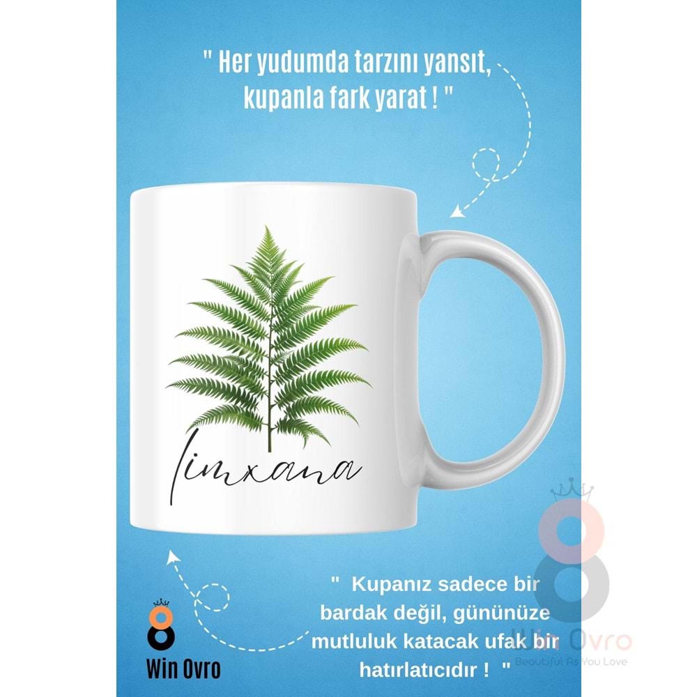 Win Ovro Premium Beyaz Porselen Hediye Çift Yön Baskılı Kupa Bardak - Eğrelti Otu Limhana Limxana