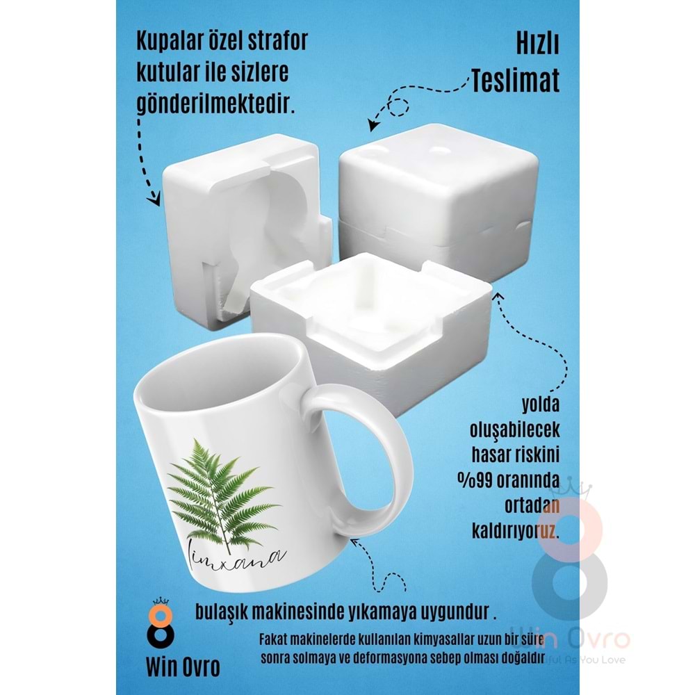 Win Ovro Premium Beyaz Porselen Hediye Çift Yön Baskılı Kupa Bardak - Eğrelti Otu Limhana Limxana