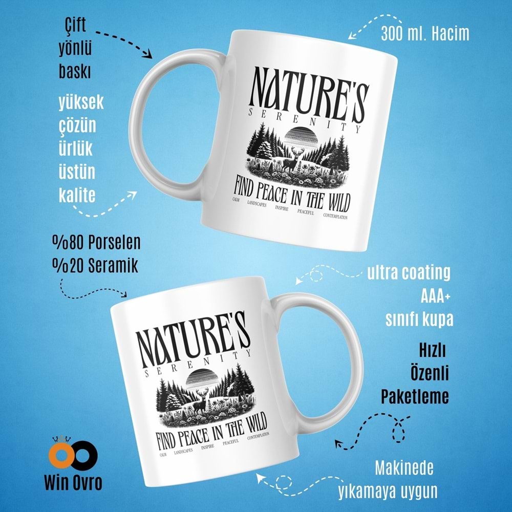 Win Ovro Premium Beyaz Porselen Hediye Çift Yön Baskılı Kupa Bardak - Nature s Serenity