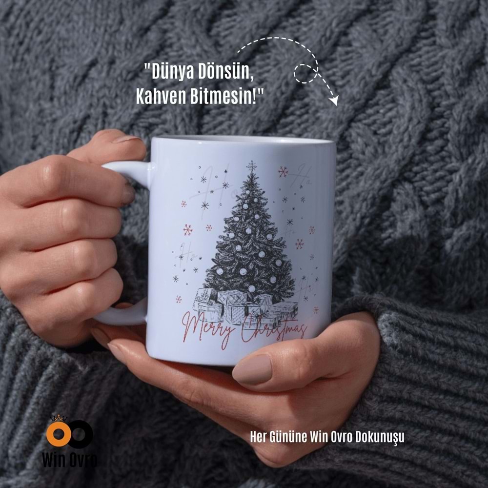 Win Ovro Premium Beyaz Porselen Hediye Çift Yön Baskılı Kupa Bardak - Merry Christmas Happy New Ye