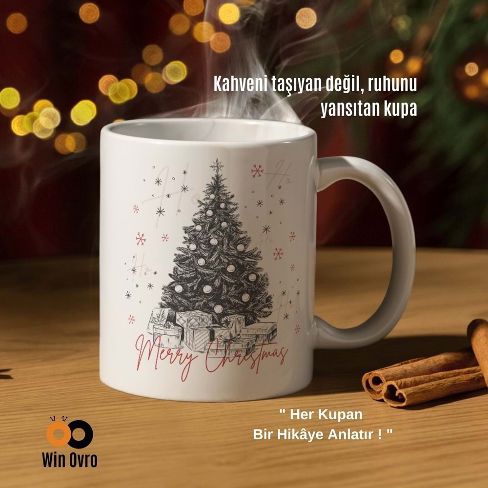 Win Ovro Premium Beyaz Porselen Hediye Çift Yön Baskılı Kupa Bardak - Merry Christmas Happy New Ye