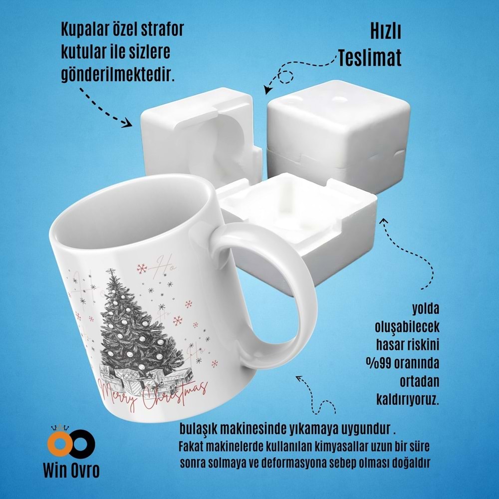 Win Ovro Premium Beyaz Porselen Hediye Çift Yön Baskılı Kupa Bardak - Merry Christmas Happy New Ye