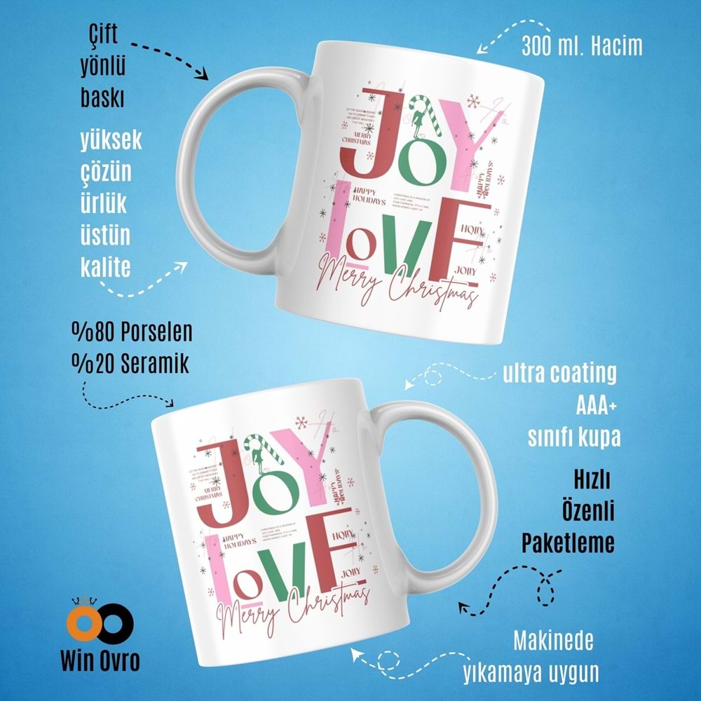 Win Ovro Premium Beyaz Porselen Hediye Çift Yön Baskılı Kupa Bardak - Joy Love Merry Christmas
