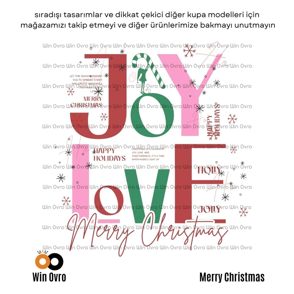 Win Ovro Premium Beyaz Porselen Hediye Çift Yön Baskılı Kupa Bardak - Joy Love Merry Christmas