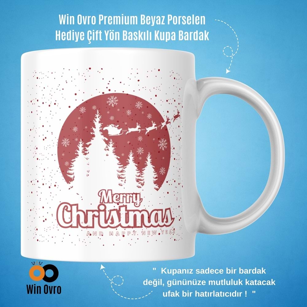 Win Ovro Premium Beyaz Porselen Hediye Çift Yön Baskılı Kupa Bardak - Merry Christmas Happy New