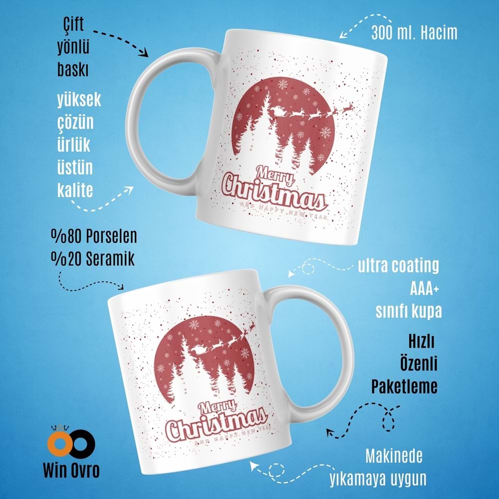 Win Ovro Premium Beyaz Porselen Hediye Çift Yön Baskılı Kupa Bardak - Merry Christmas Happy New