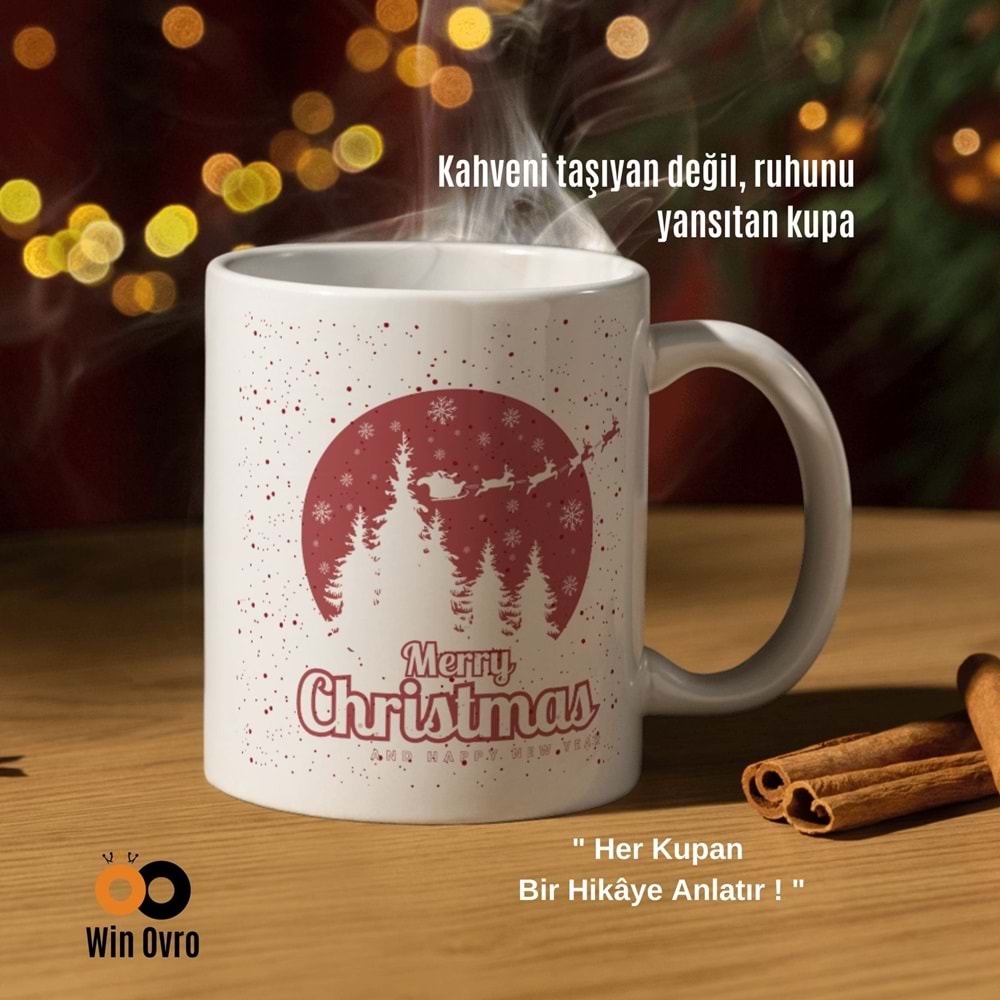 Win Ovro Premium Beyaz Porselen Hediye Çift Yön Baskılı Kupa Bardak - Merry Christmas Happy New