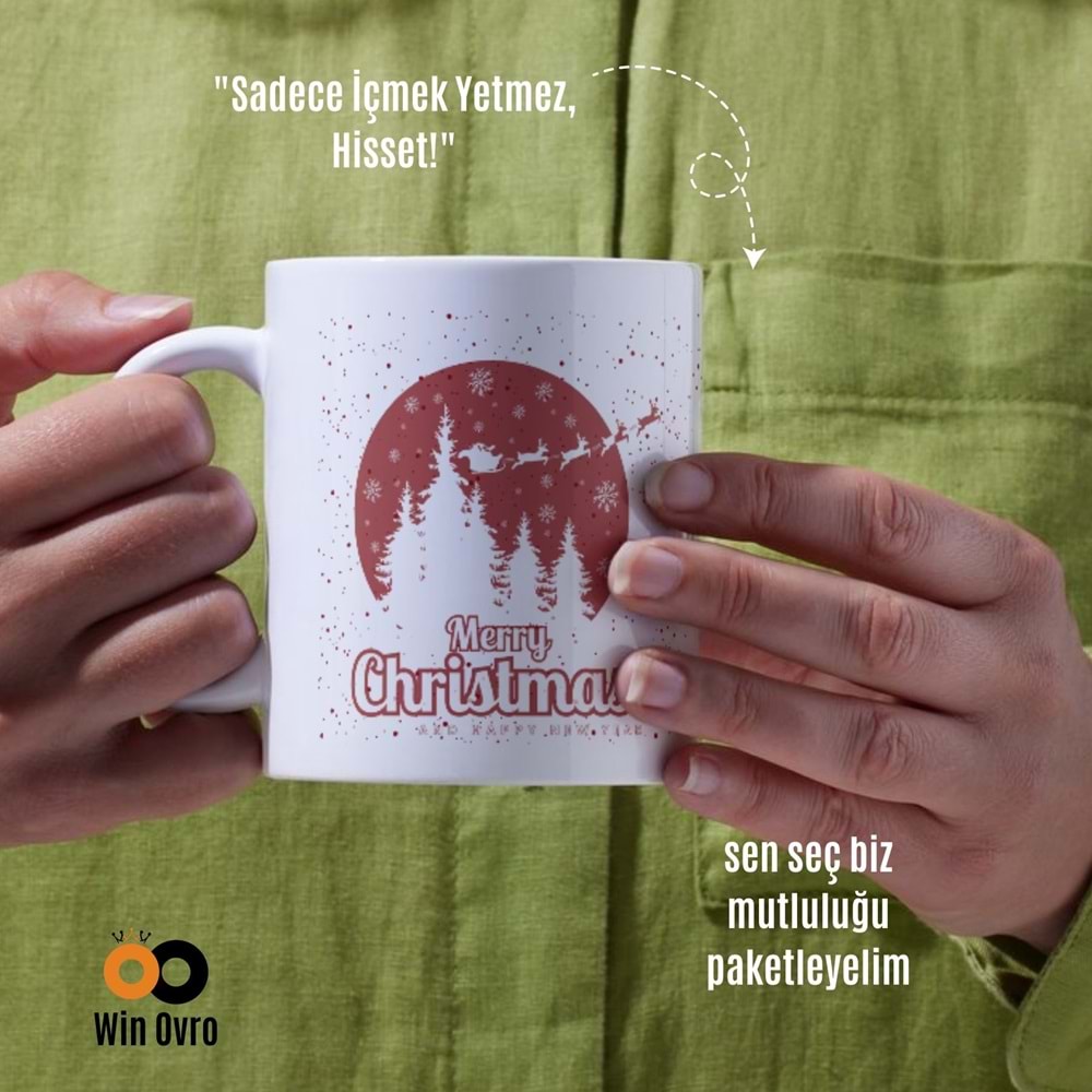 Win Ovro Premium Beyaz Porselen Hediye Çift Yön Baskılı Kupa Bardak - Merry Christmas Happy New