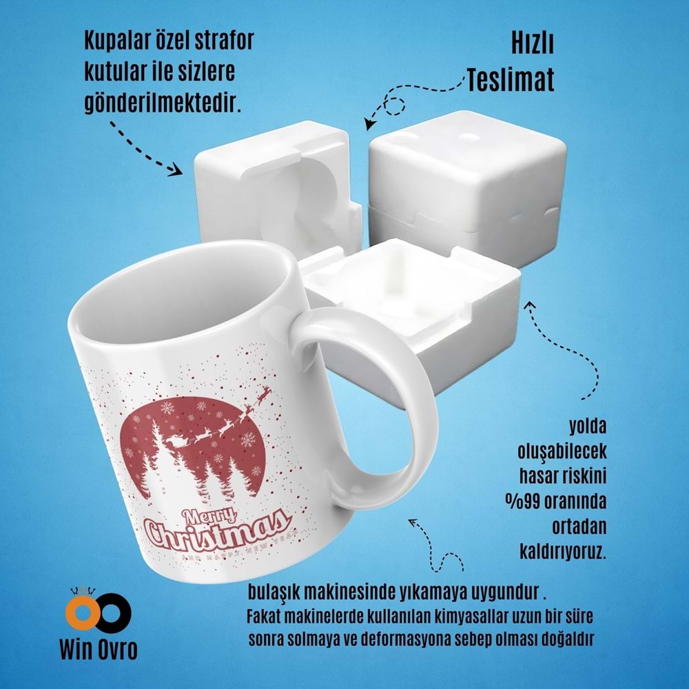 Win Ovro Premium Beyaz Porselen Hediye Çift Yön Baskılı Kupa Bardak - Merry Christmas Happy New