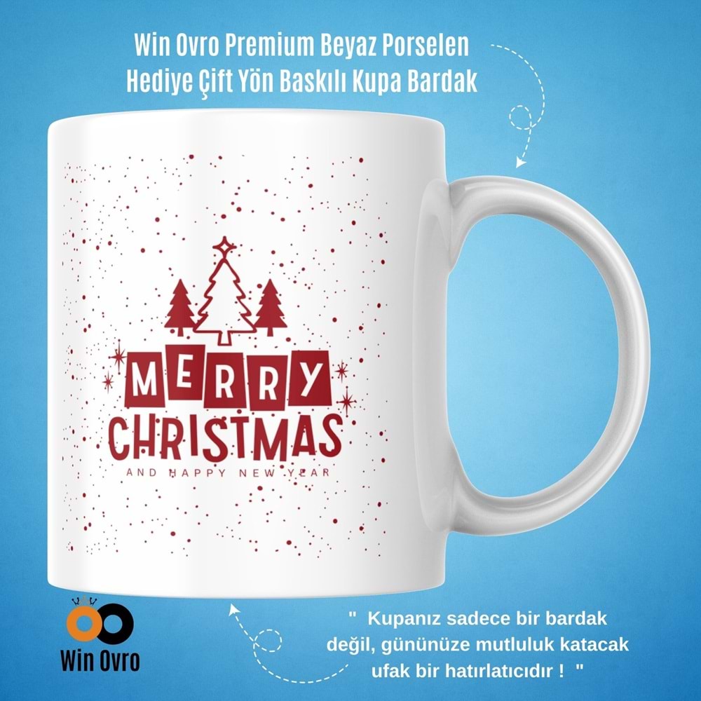 Win Ovro Premium Beyaz Porselen Hediye Çift Yön Baskılı Kupa Bardak - Merry Christmas Happy New 1