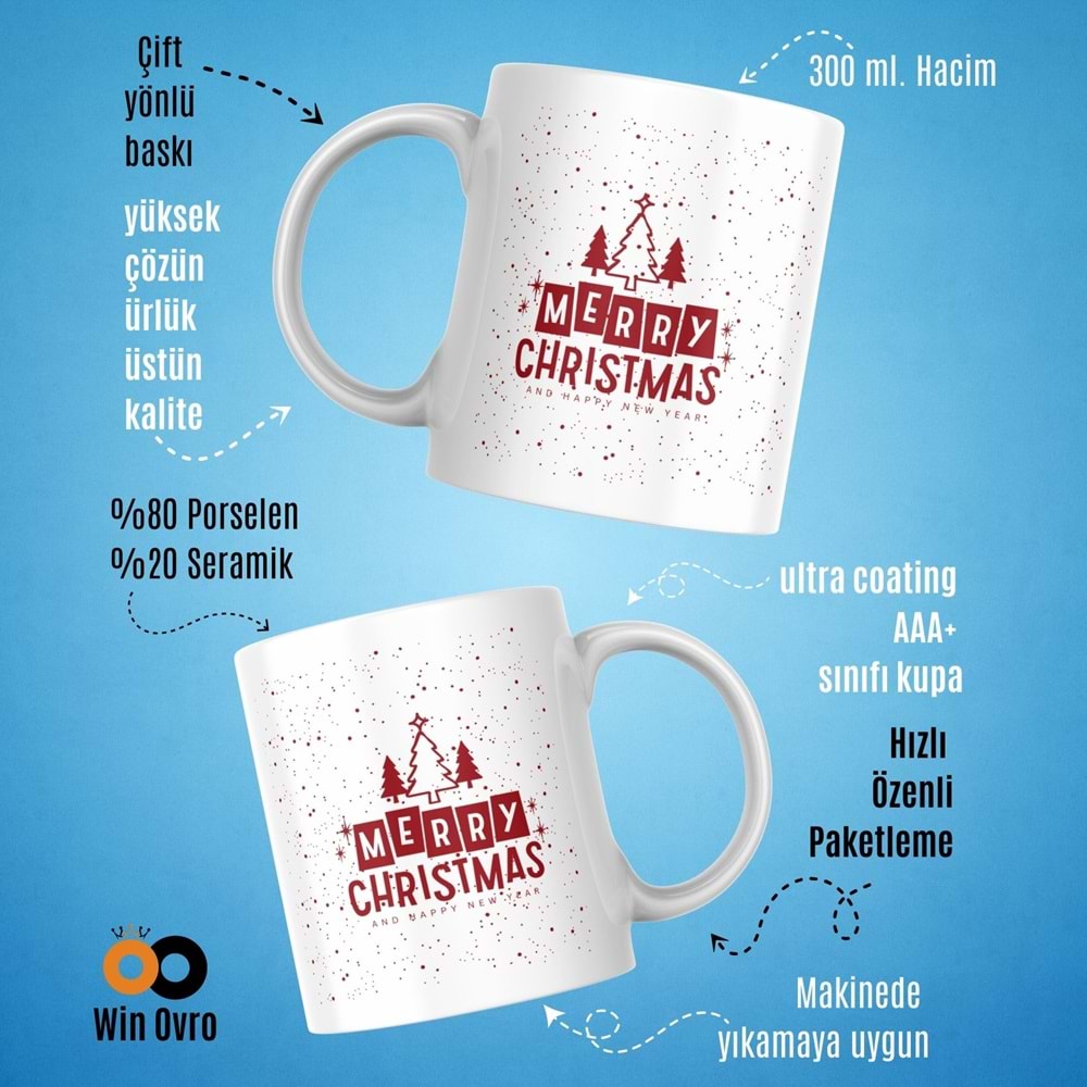 Win Ovro Premium Beyaz Porselen Hediye Çift Yön Baskılı Kupa Bardak - Merry Christmas Happy New 1