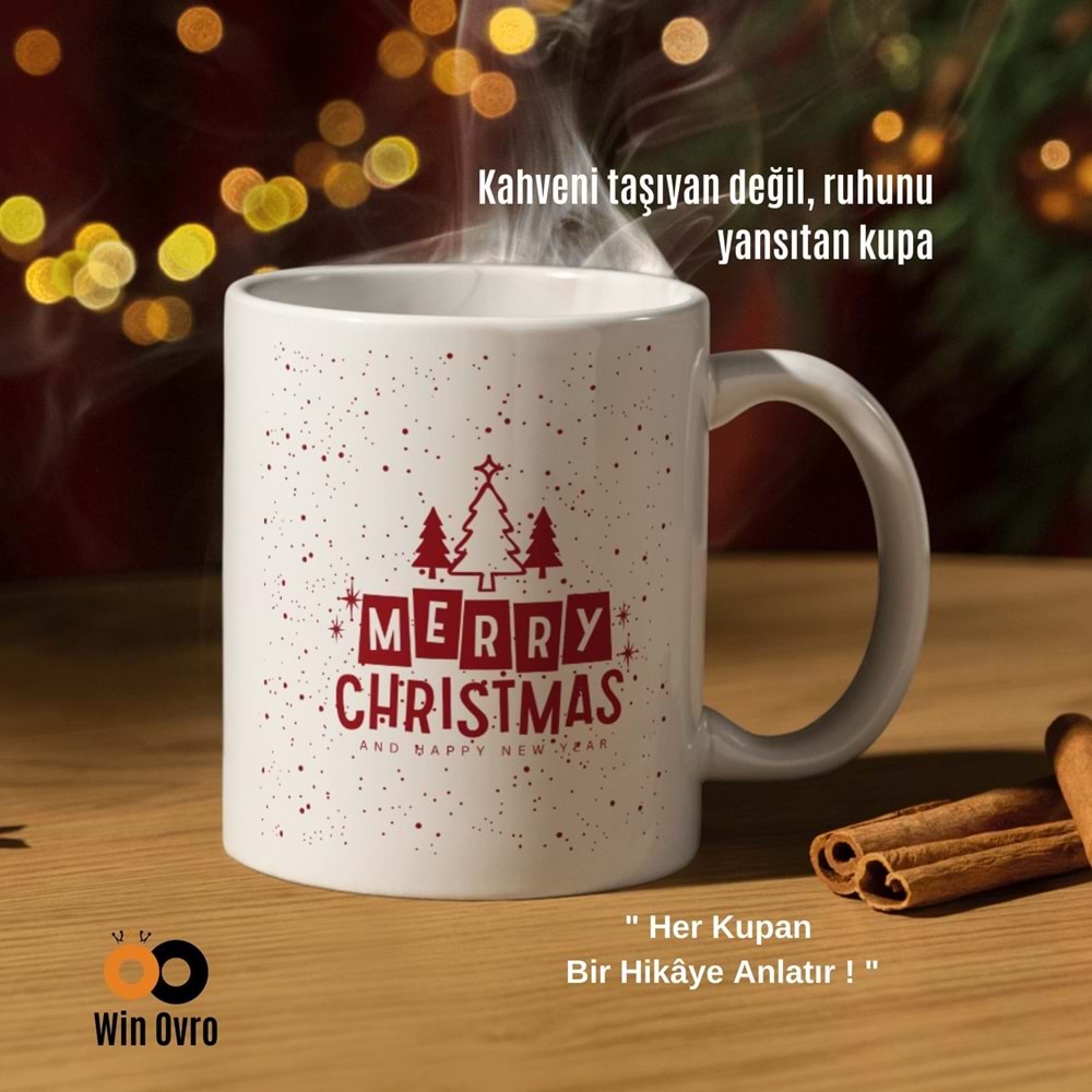 Win Ovro Premium Beyaz Porselen Hediye Çift Yön Baskılı Kupa Bardak - Merry Christmas Happy New 1