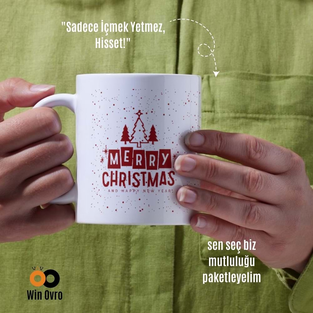 Win Ovro Premium Beyaz Porselen Hediye Çift Yön Baskılı Kupa Bardak - Merry Christmas Happy New 1