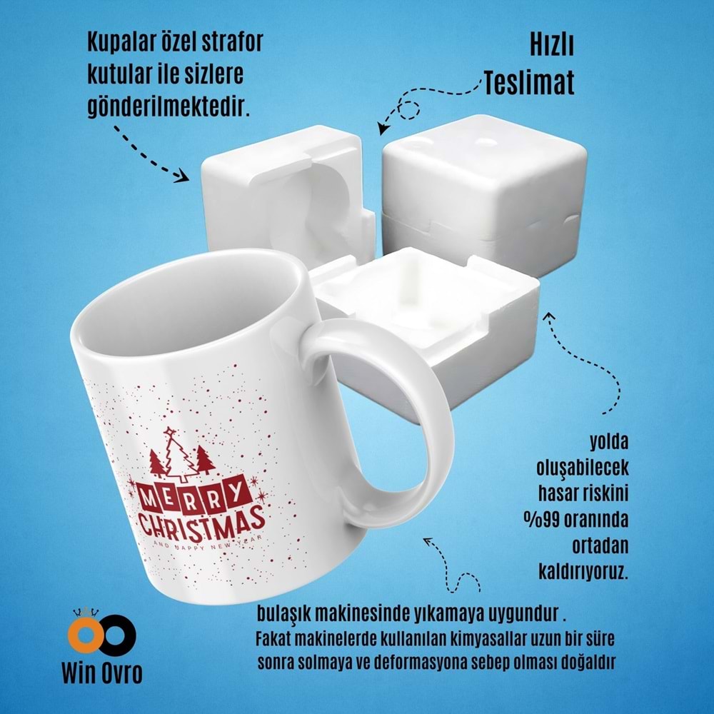 Win Ovro Premium Beyaz Porselen Hediye Çift Yön Baskılı Kupa Bardak - Merry Christmas Happy New 1