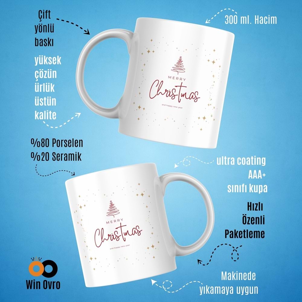 Win Ovro Premium Beyaz Porselen Hediye Çift Yön Baskılı Kupa Bardak - Merry Christmas Happy New 2