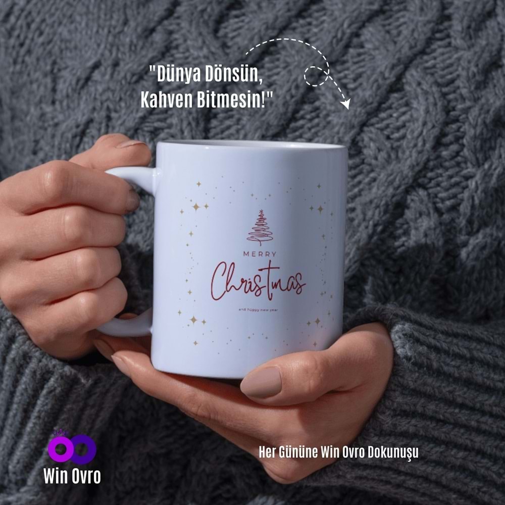Win Ovro Premium Beyaz Porselen Hediye Çift Yön Baskılı Kupa Bardak - Merry Christmas Happy New 2