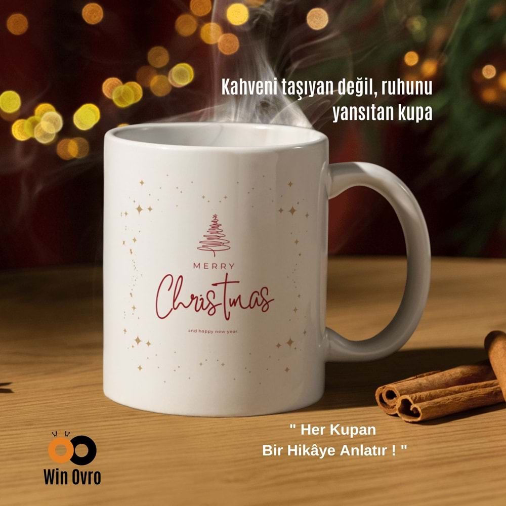 Win Ovro Premium Beyaz Porselen Hediye Çift Yön Baskılı Kupa Bardak - Merry Christmas Happy New 2