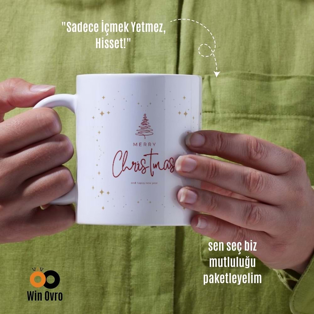 Win Ovro Premium Beyaz Porselen Hediye Çift Yön Baskılı Kupa Bardak - Merry Christmas Happy New 2