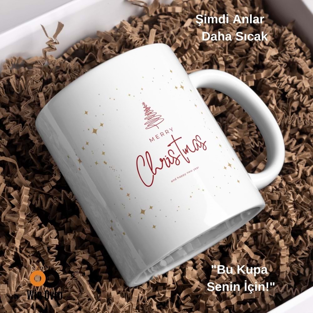 Win Ovro Premium Beyaz Porselen Hediye Çift Yön Baskılı Kupa Bardak - Merry Christmas Happy New 2