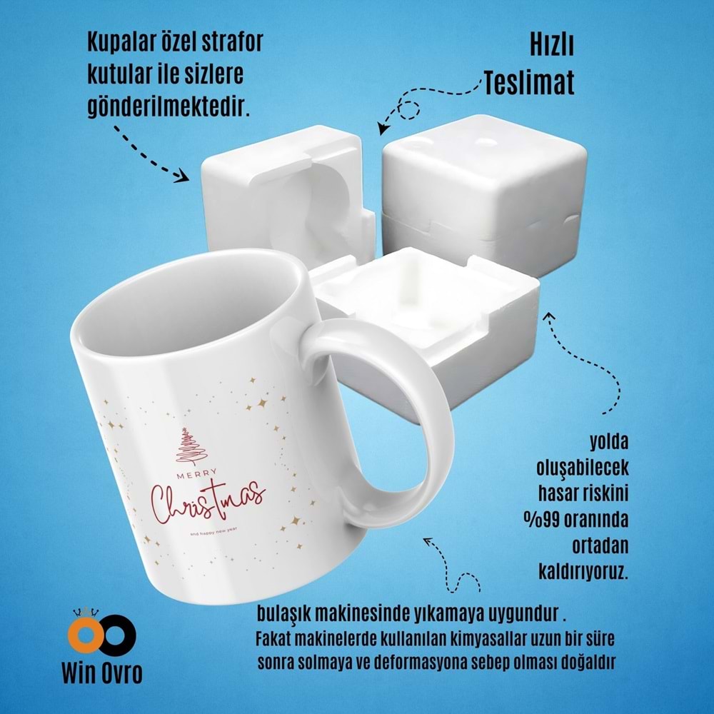Win Ovro Premium Beyaz Porselen Hediye Çift Yön Baskılı Kupa Bardak - Merry Christmas Happy New 2