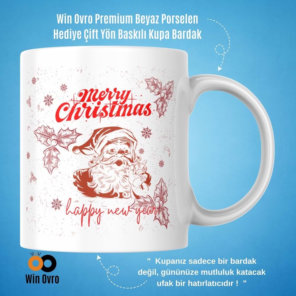 Win Ovro Premium Beyaz Porselen Hediye Çift Yön Baskılı Kupa Bardak - Merry Christmas Happy New 3
