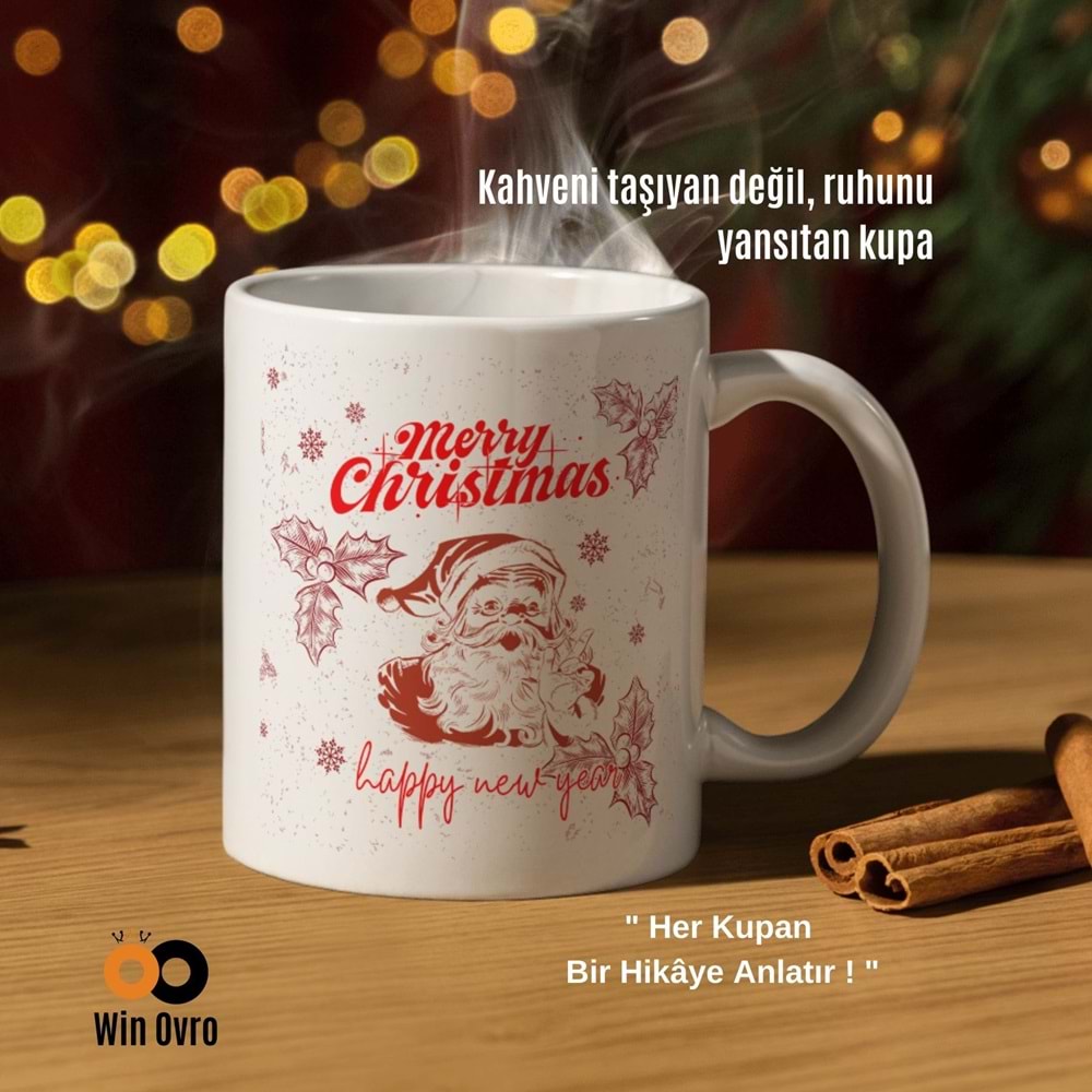 Win Ovro Premium Beyaz Porselen Hediye Çift Yön Baskılı Kupa Bardak - Merry Christmas Happy New 3