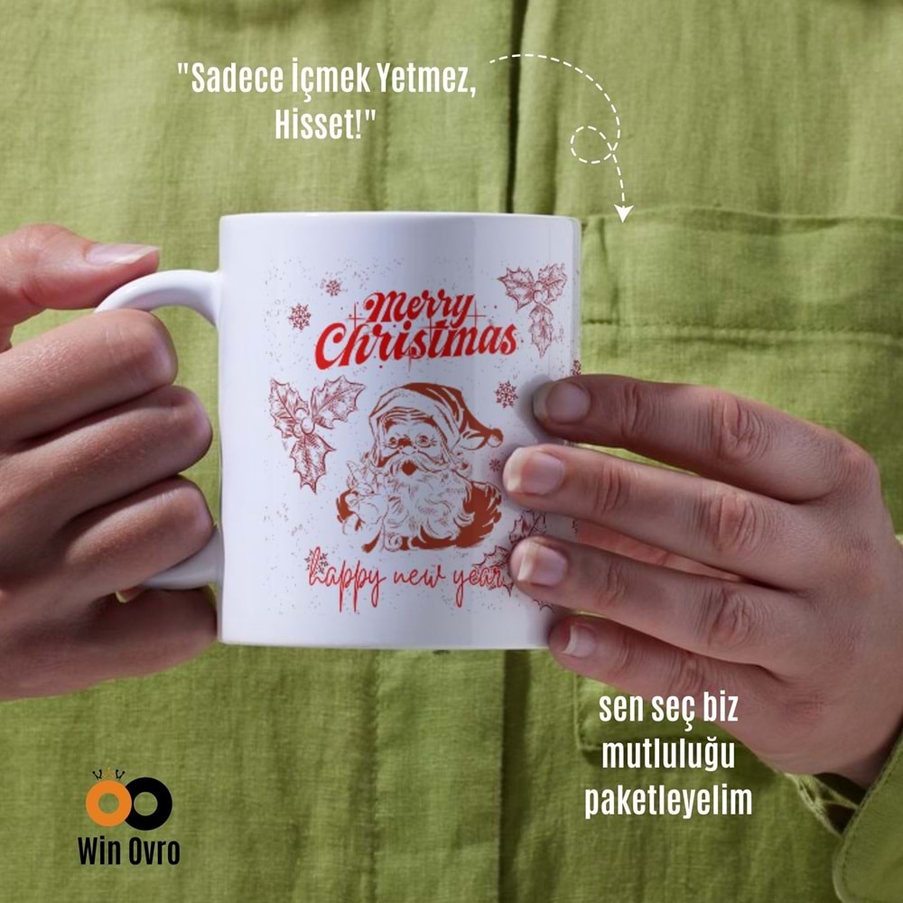 Win Ovro Premium Beyaz Porselen Hediye Çift Yön Baskılı Kupa Bardak - Merry Christmas Happy New 3