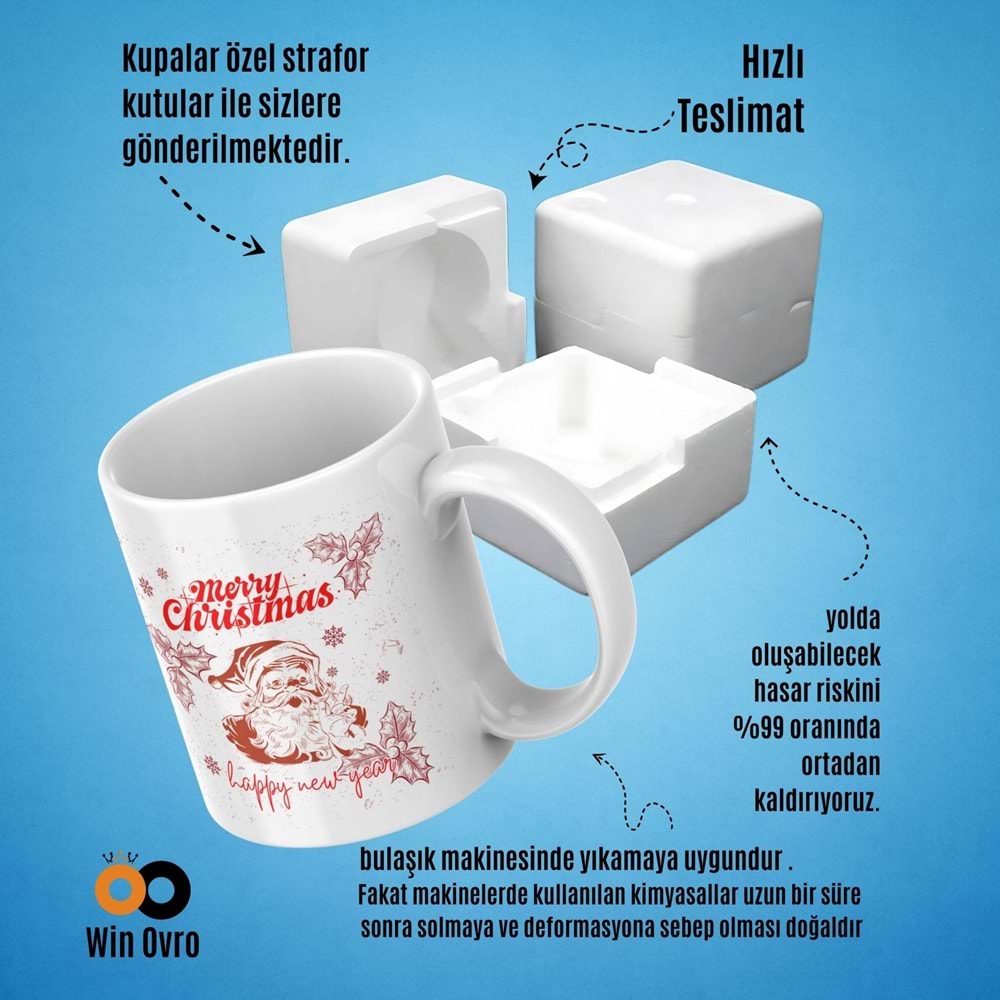 Win Ovro Premium Beyaz Porselen Hediye Çift Yön Baskılı Kupa Bardak - Merry Christmas Happy New 3