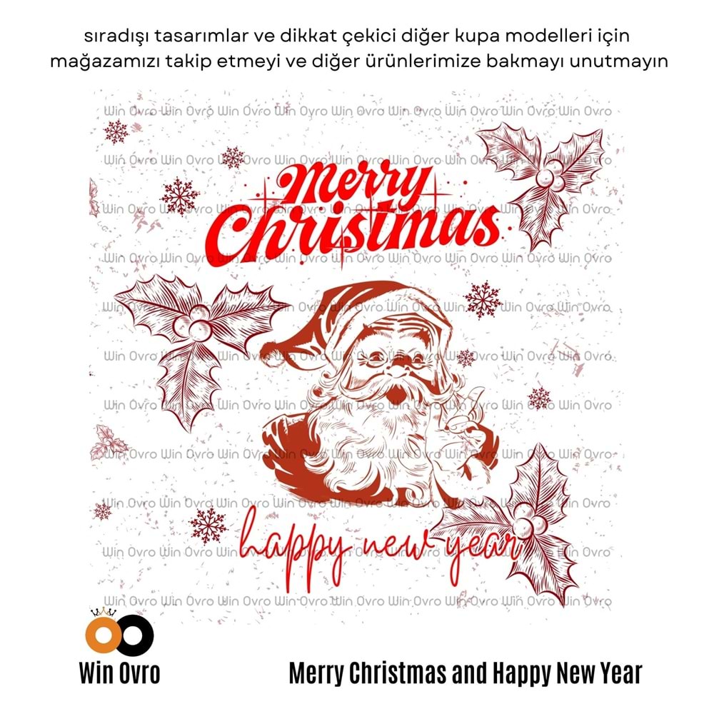 Win Ovro Premium Beyaz Porselen Hediye Çift Yön Baskılı Kupa Bardak - Merry Christmas Happy New 3