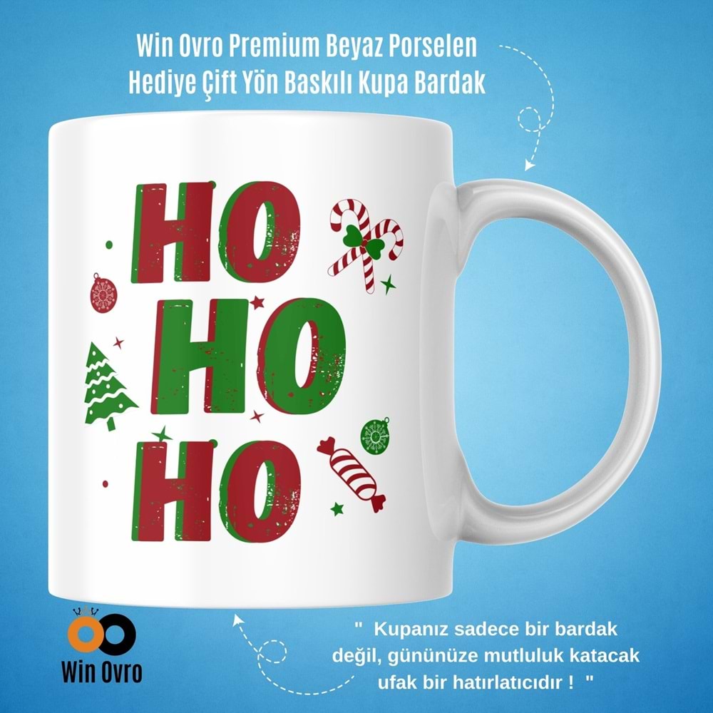 Win Ovro Premium Beyaz Porselen Hediye Çift Yön Baskılı Kupa Bardak - Ho Ho Ho Christmas