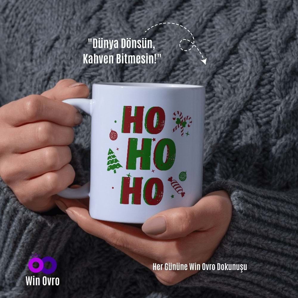 Win Ovro Premium Beyaz Porselen Hediye Çift Yön Baskılı Kupa Bardak - Ho Ho Ho Christmas