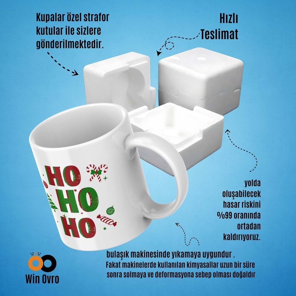 Win Ovro Premium Beyaz Porselen Hediye Çift Yön Baskılı Kupa Bardak - Ho Ho Ho Christmas