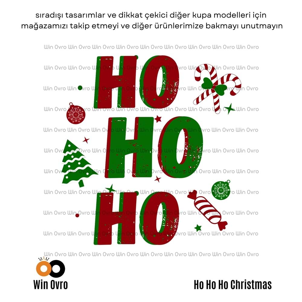 Win Ovro Premium Beyaz Porselen Hediye Çift Yön Baskılı Kupa Bardak - Ho Ho Ho Christmas
