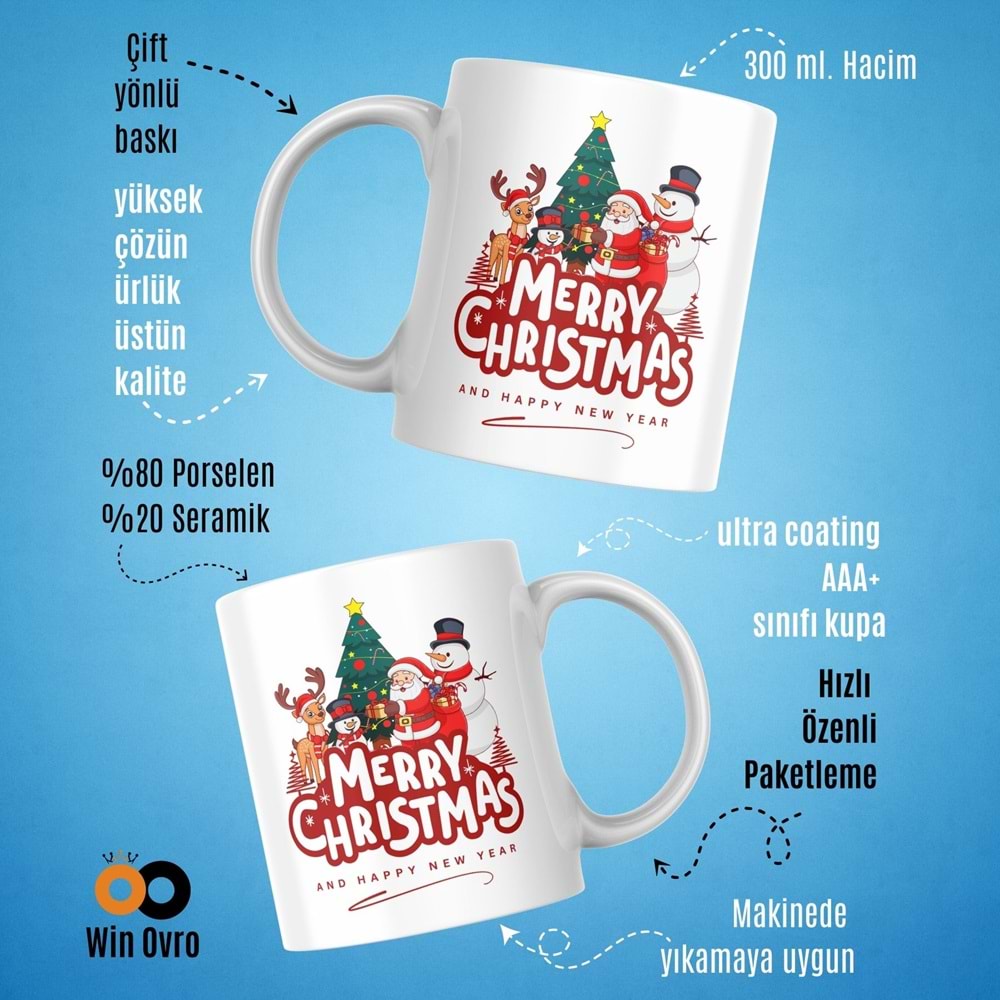 Win Ovro Premium Beyaz Porselen Hediye Çift Yön Baskılı Kupa Bardak - Merry Christmas Happy New 4