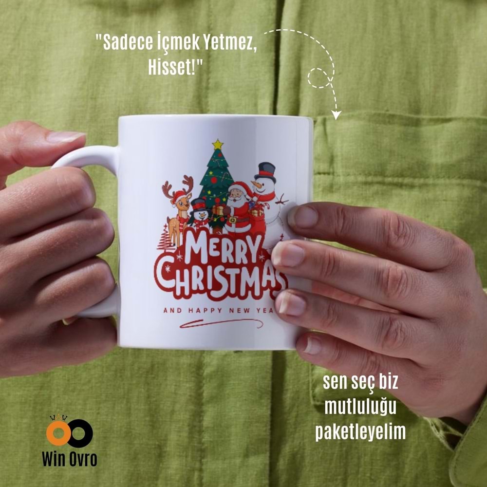 Win Ovro Premium Beyaz Porselen Hediye Çift Yön Baskılı Kupa Bardak - Merry Christmas Happy New 4