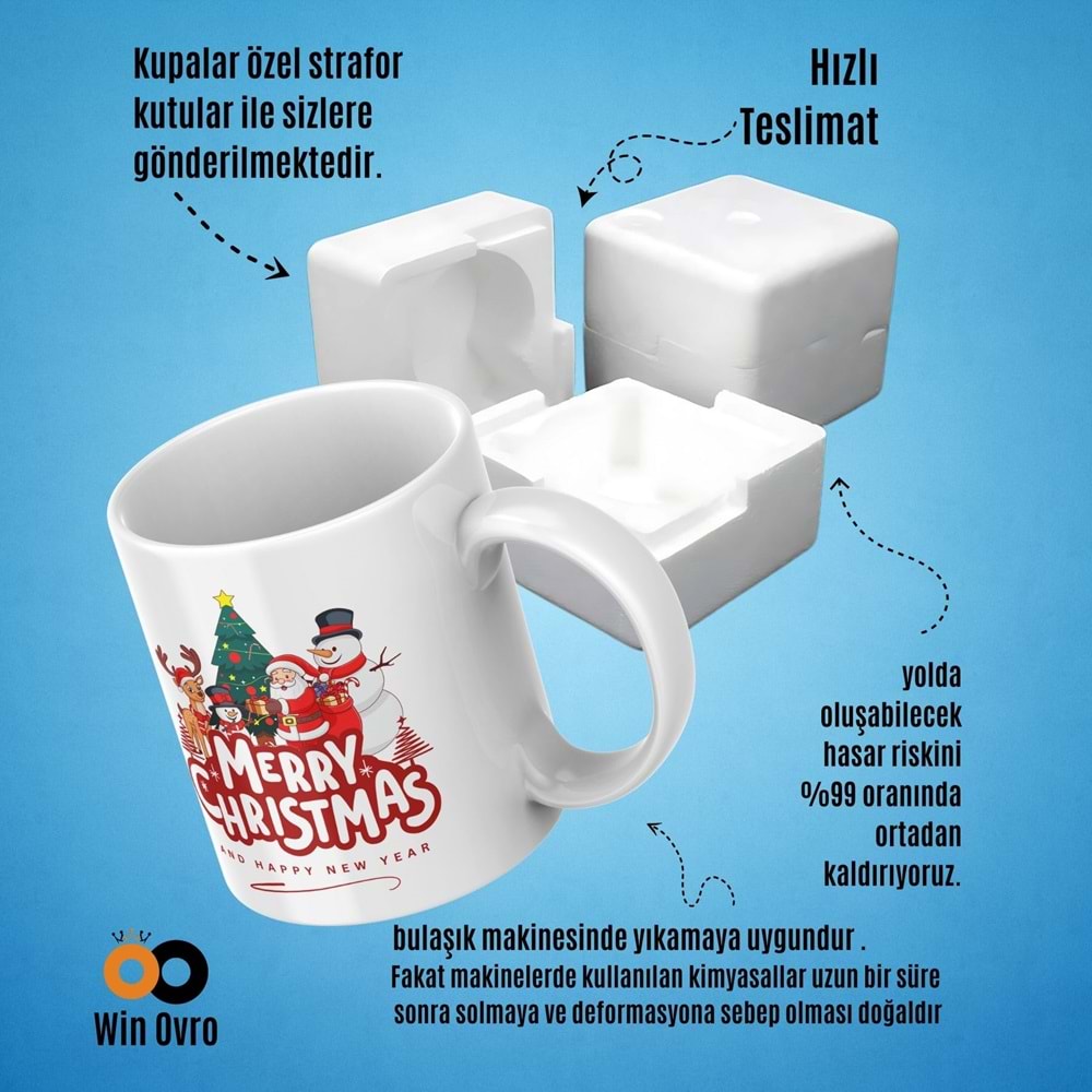 Win Ovro Premium Beyaz Porselen Hediye Çift Yön Baskılı Kupa Bardak - Merry Christmas Happy New 4