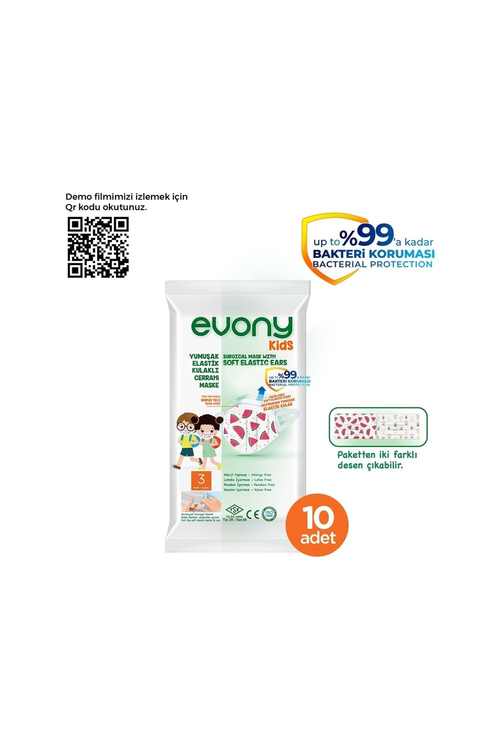 Evony Kids Elastik Kulaklıklı Cerrahi Çocuk Maskesi 10'lu