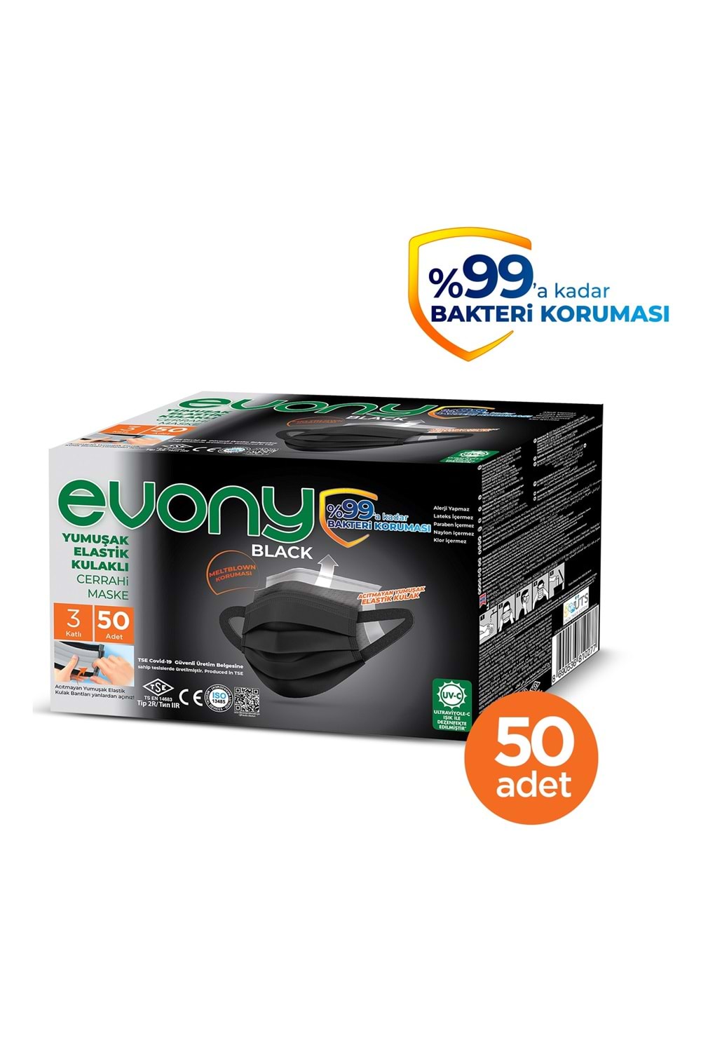 Evony Maske Black Elastik Kulaklı 50 Adet