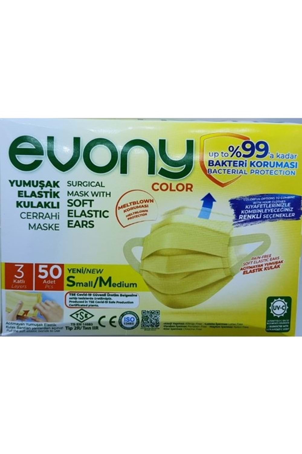 Evony Maske Sarı Renk 3 Katlı 50 Li