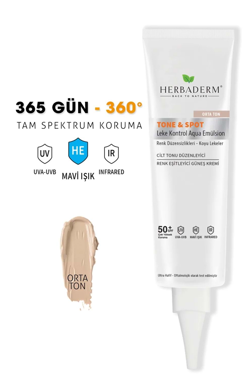 Herbaderm Tone & Spot, Lekeli Cilt için Nem G. Kremi, M. Işık, UVA,UVB 50+SPF