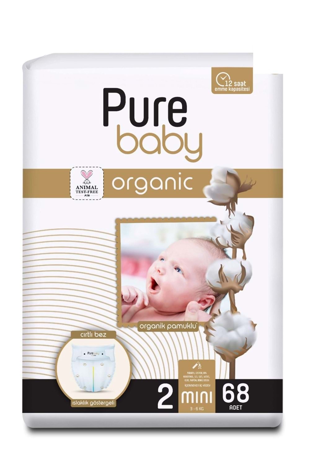 Pure Baby Organik Pamuklu Cırtlı Bez Tekli Paket 2 Numara Mini 68 Adet