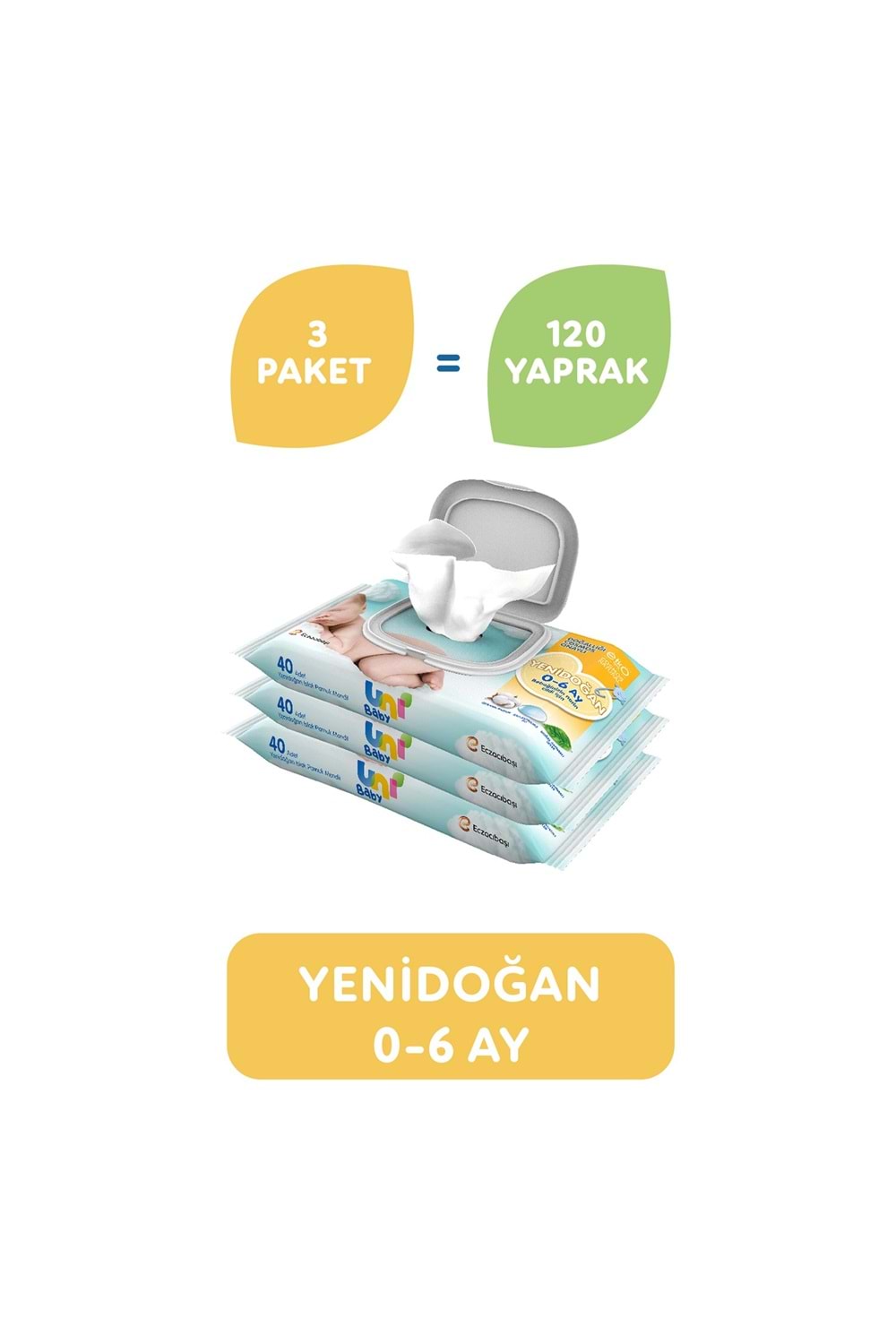 Uni Baby Yenidoğan Islak Mendil 3'lü 120 Yaprak