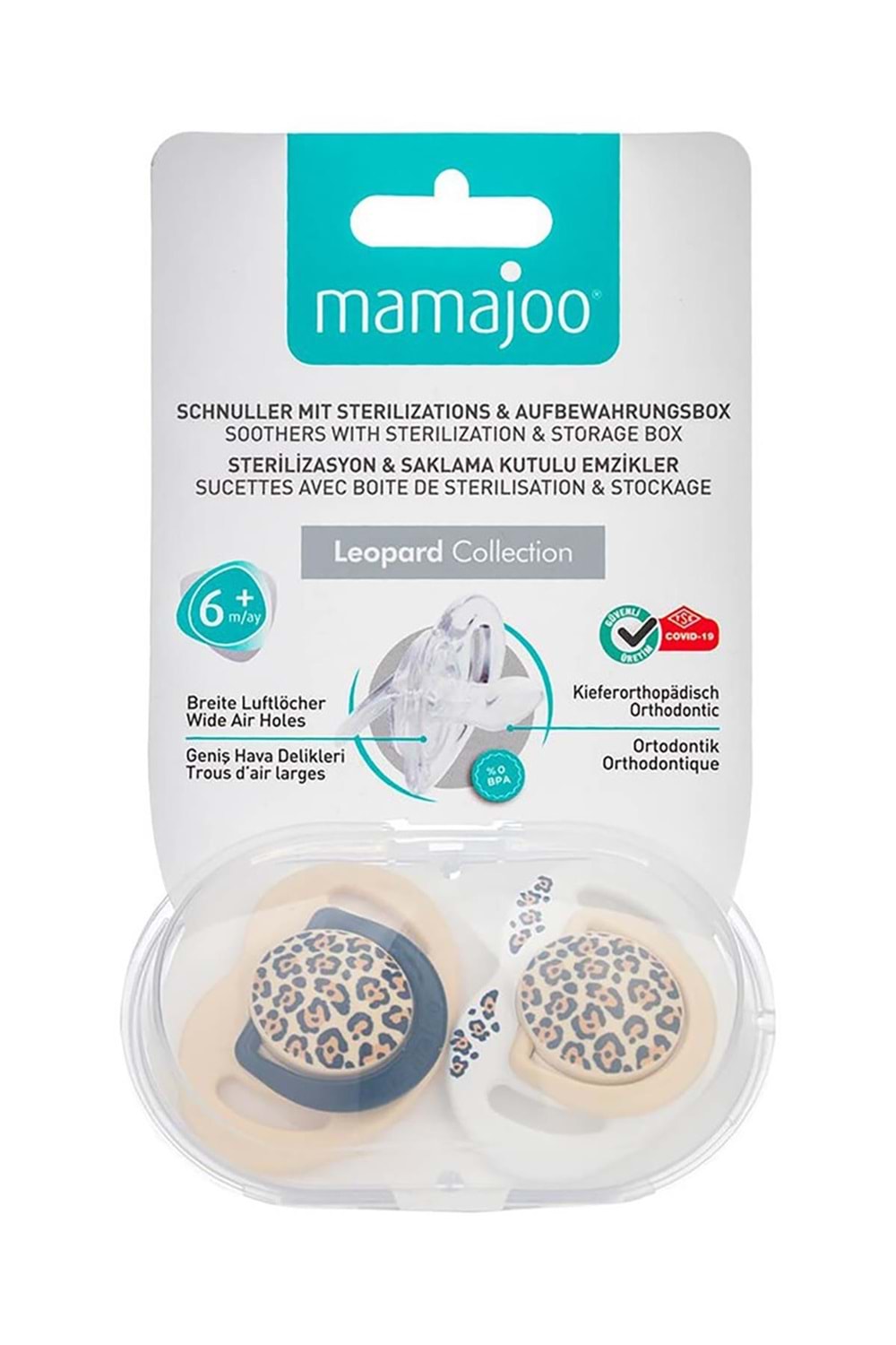 Mamajoo Saklama Kutulu Ortodontik Silikon Emzik Leopar 6+Ay Bej