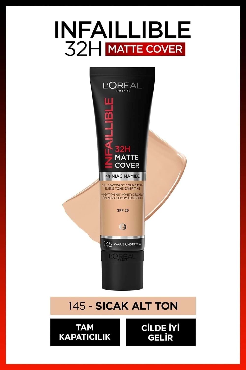 Loreal Paris Infaillible 32h Matte Cover Yüksek Kapatıcı Fondöten - 145 Sıcak Alt Ton