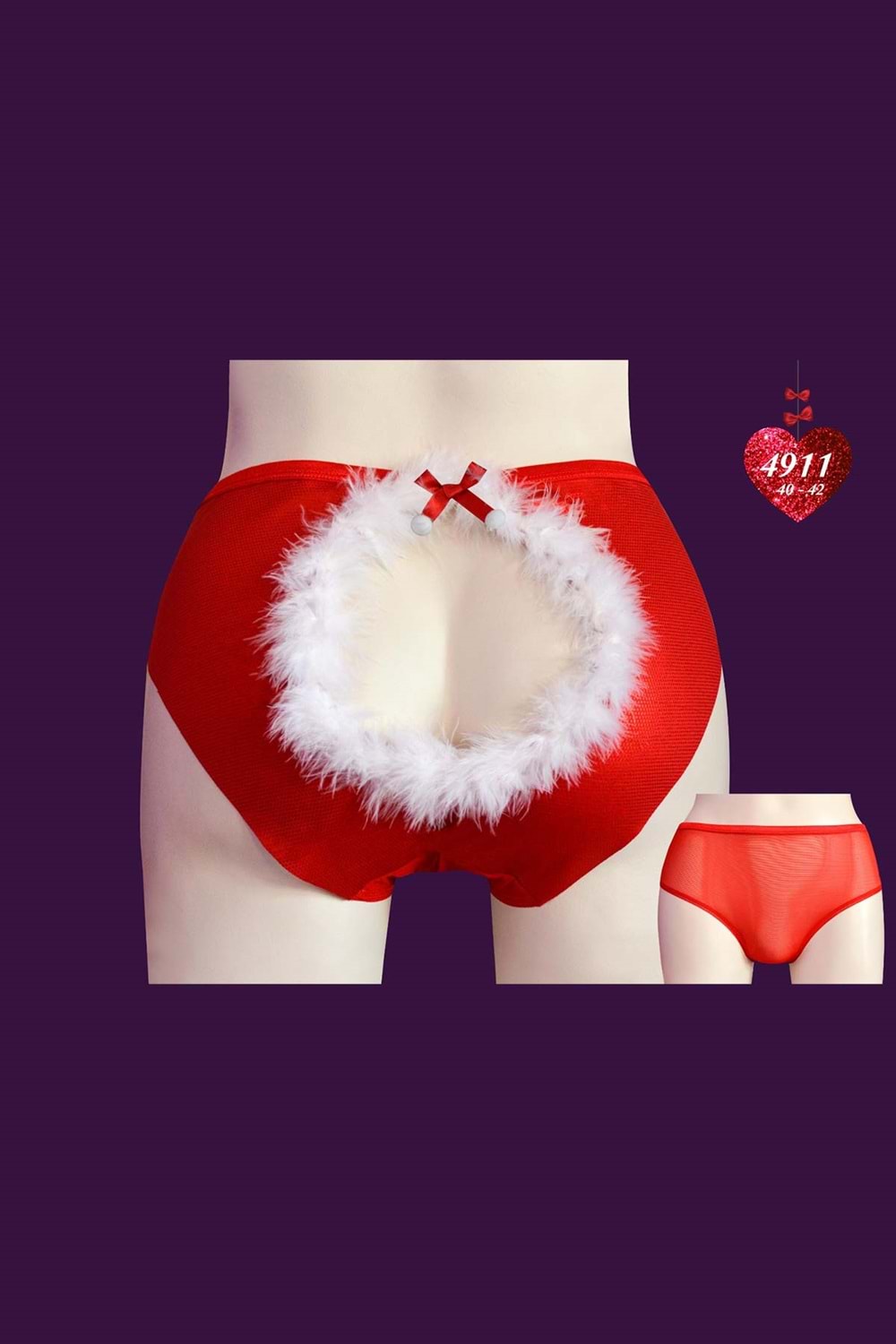 Papatya Kadın Bato Külot Ön Tül Arka Simli Mikro Ortası Açık Tüylü - Kırmızı - STD Beden