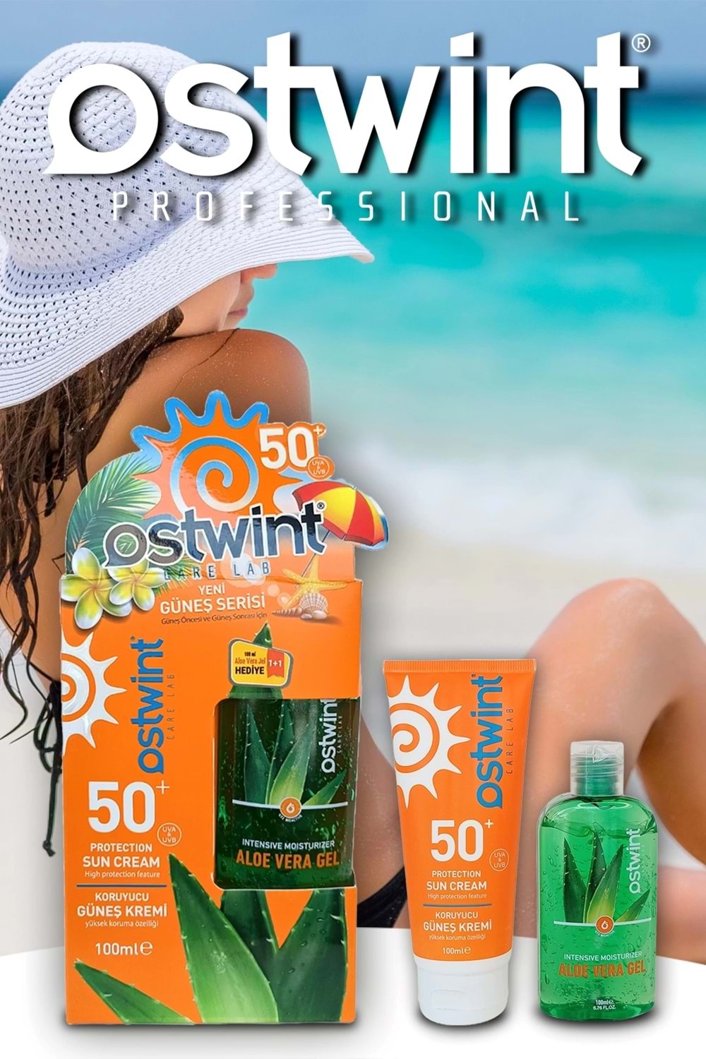 Ostwint SPF 50+ Güneş Kremi 100 ml E Vitaminli + Aloe Vera Jel 100 ml Hediyeli