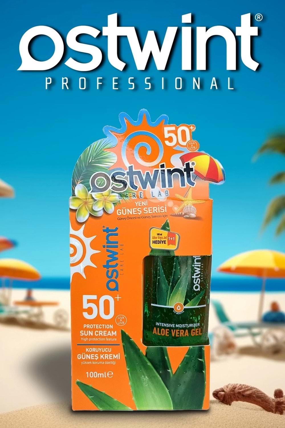Ostwint SPF 50+ Güneş Kremi 100 ml E Vitaminli + Aloe Vera Jel 100 ml Hediyeli