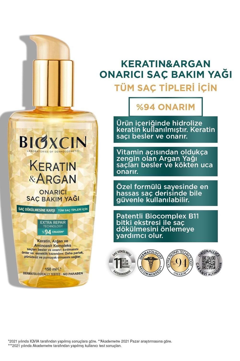 Bioxcin Keratin & Argan Onarıcı Saç Bakım Yağı 150 ml Yıpranmış ve Hasar Görmüş Saçlar