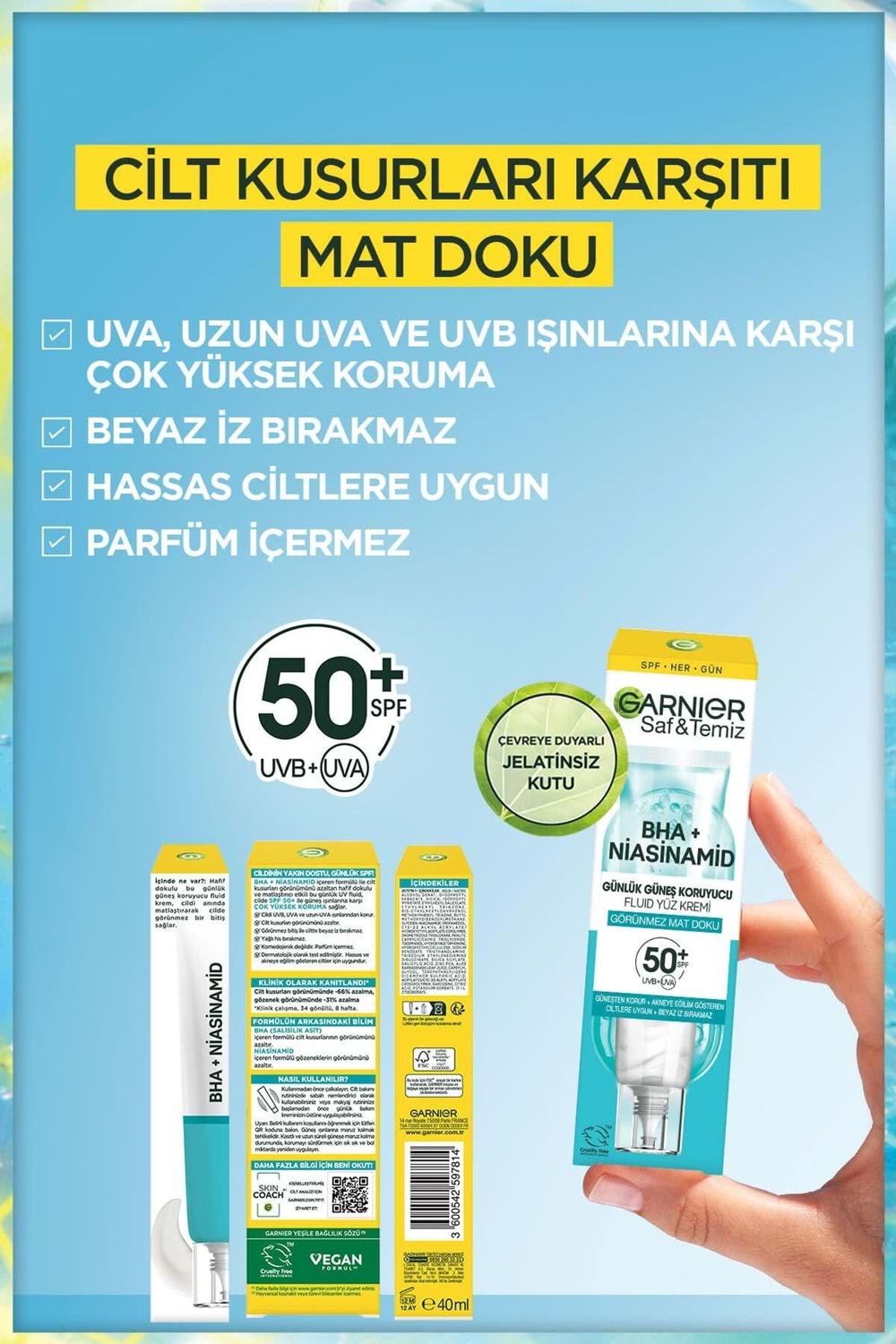Garnier Saf Ve Temiz Bha Niasinamid Günlük Güneş Koruyucu Fluid Yüz Kremi Spf50 40ml